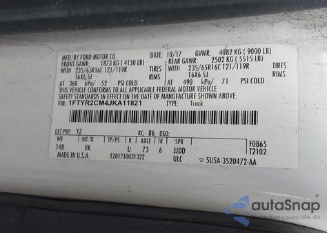 2018 Ford Transit-250 z USA, uszkodzony, nr VIN 1FTYR2CM4JKA11821